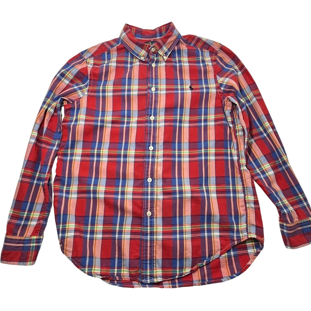 Ralph Lauren Boys Long Sleeve Button Down Shirt Red Blue‎ Plaid Size Large 14/16